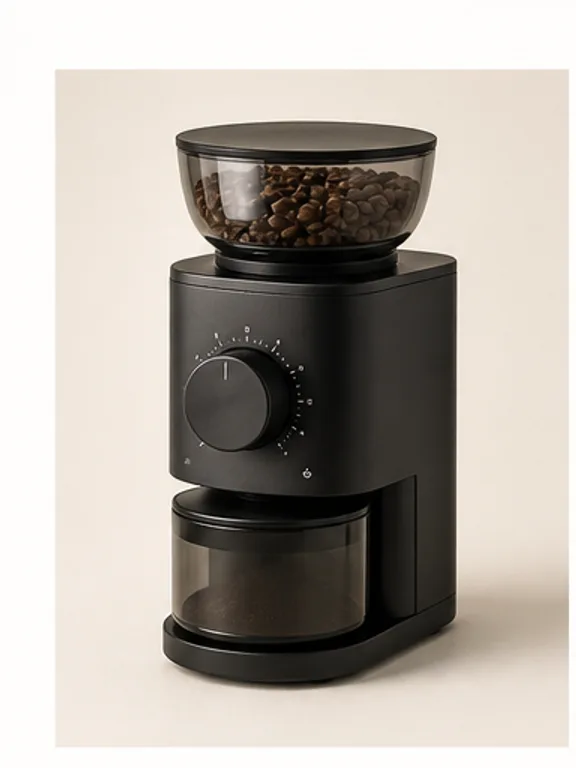 Matte black burr coffee grinder on a warm wooden counter