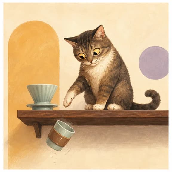 A playful painted cat beside a product knocked from a shelf