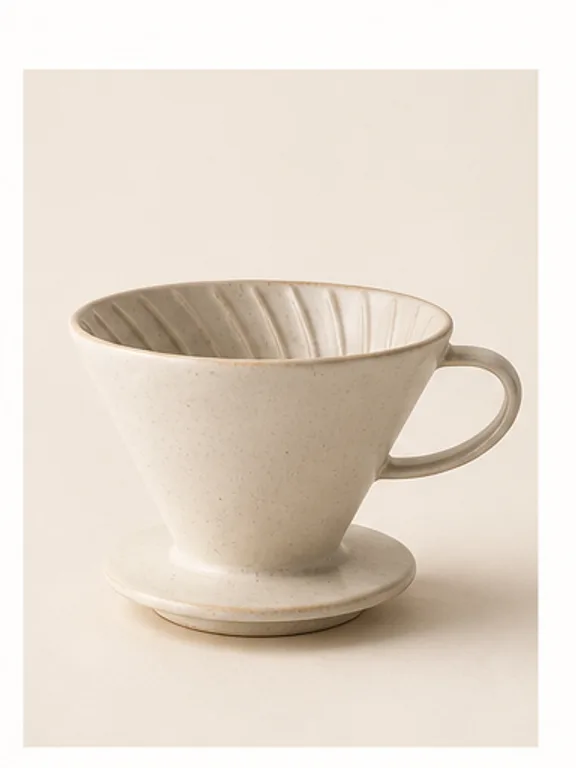 Ridged cream ceramic coffee dripper on a small cup