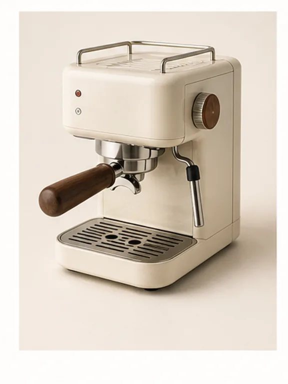 Compact stainless espresso machine with a ceramic cup