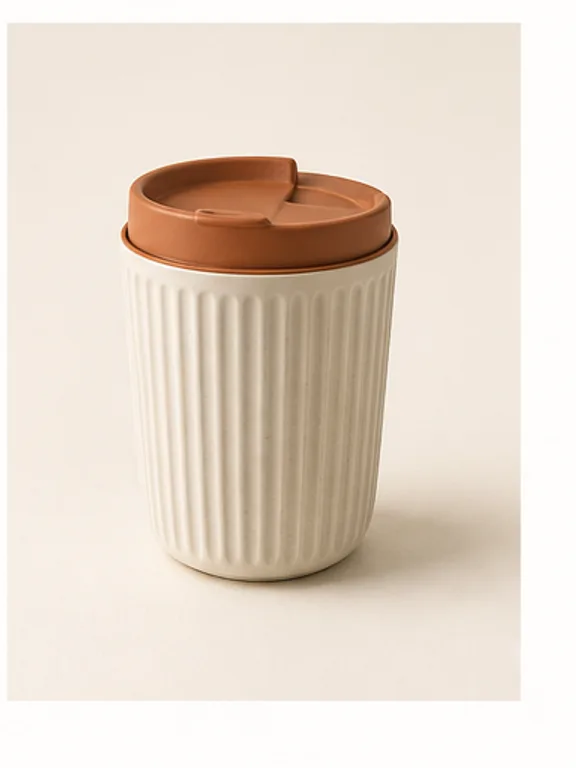 Cream insulated travel mug on a warm café table